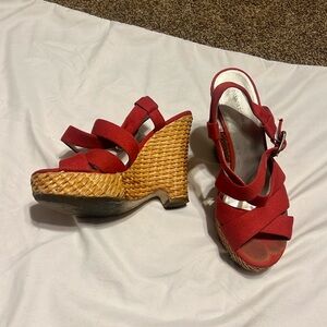 Banana Republic red canvas strappy basket weave wedge platform sandal